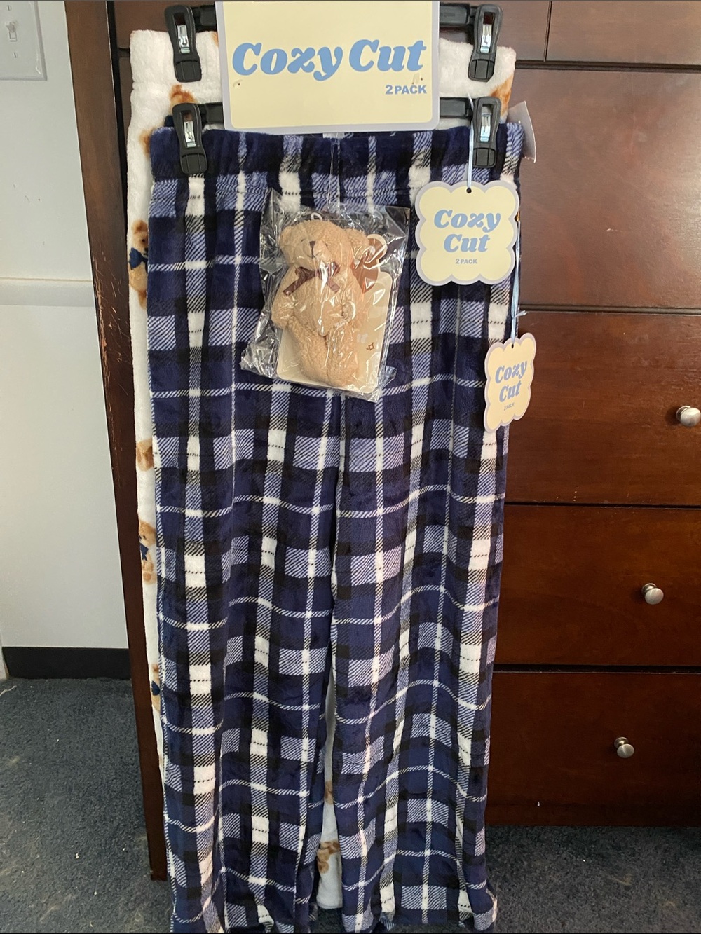 Women’s Navy Plaid And Teddy Bear Fleece Bottoms - 2 Pack